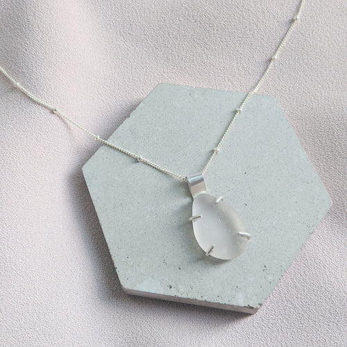 Jade sea glass pendant with claw setting with satellite chain necklace